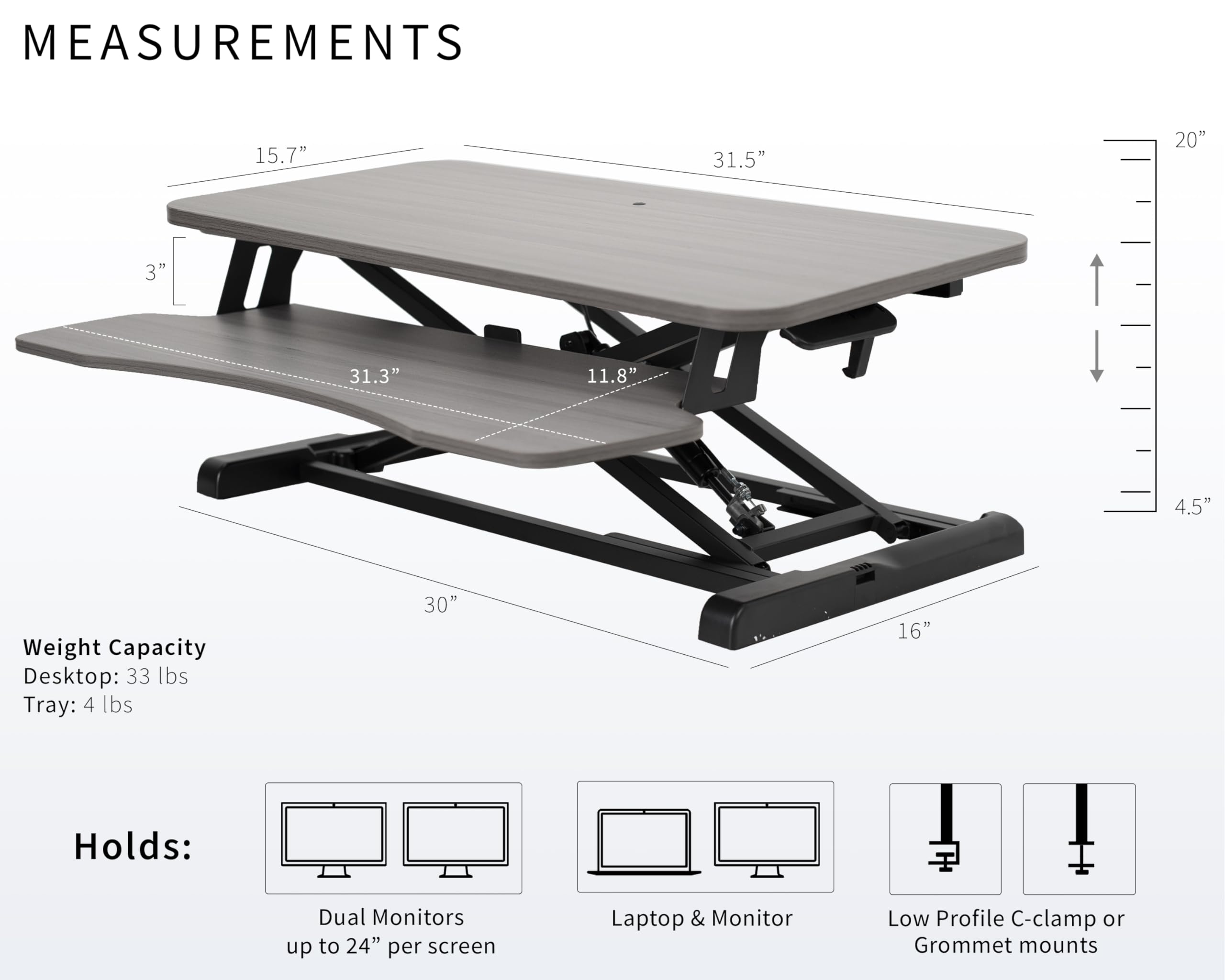 32 inch Desk Converter, K Series, Height Adjustable Sit to Stand Riser, Dual Monitor and Laptop Workstation with Wide Keyboard Tray, Gray Top, Black Frame, DESK-V000KG