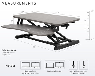 32 inch Desk Converter, K Series, Height Adjustable Sit to Stand Riser, Dual Monitor and Laptop Workstation with Wide Keyboard Tray, Gray Top, Black Frame, DESK-V000KG