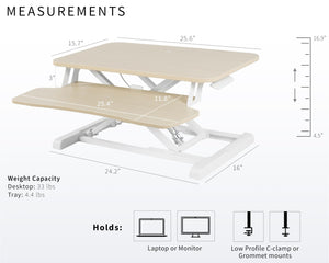 26 inch Desk Converter, K Series, Height Adjustable Sit to Stand Riser, Dual Monitor and Laptop Workstation with Keyboard Tray, Light Wood Top, White Frame, DESK-V026KF