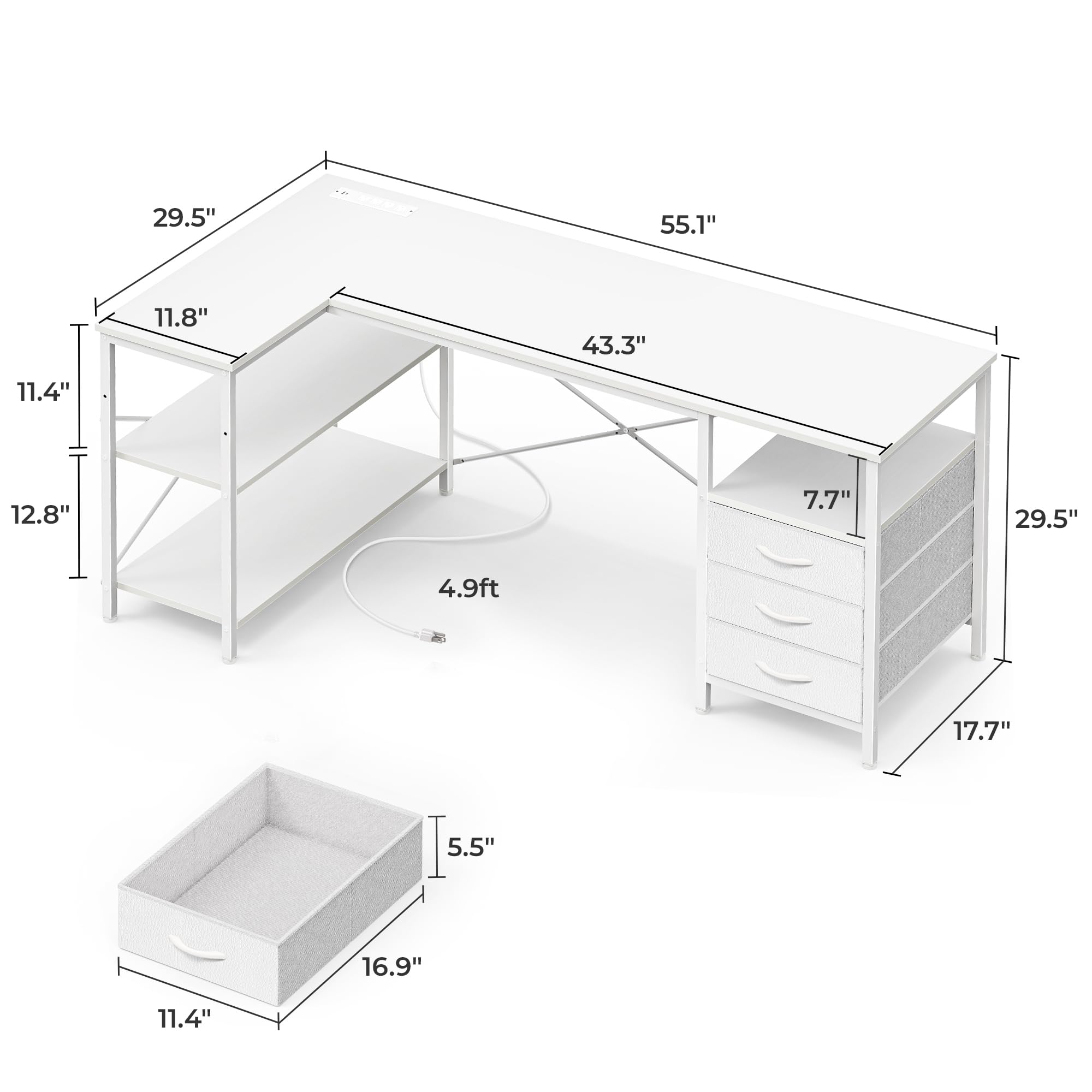 L Shaped Office Desk with Power Outlets, 55 Inch Computer Desk with 3 Drawers, Shelves, Reverisble for Gaming Corner Work Home Office Study, White