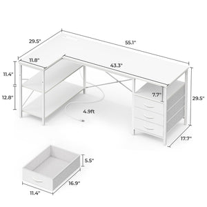 L Shaped Office Desk with Power Outlets, 55 Inch Computer Desk with 3 Drawers, Shelves, Reverisble for Gaming Corner Work Home Office Study, White