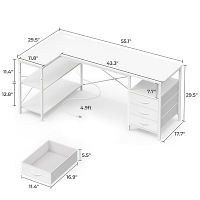 L Shaped Office Desk with Power Outlets, 55 Inch Computer Desk with 3 Drawers, Shelves, Reverisble for Gaming Corner Work Home Office Study, White