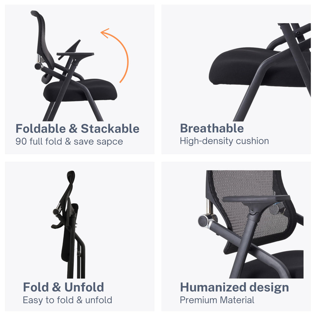6 Pack Black, Updated Conference Room Chairs, Folding Office Desk Chair with Lumbar Support and Sliding Armrest with Casters, Stackable Office Guest Chairs & Reception Chair