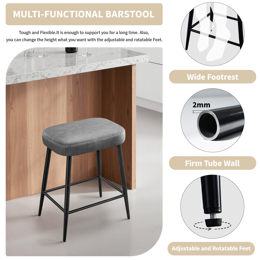 Bar Stools Set of 2, Counter Height Bar Stools for Kitchen Island, 24 Inch Kitchen Bar Stools for Kitchen Counter, Modern Leather Bar Chairs with Footrest and Metal Base, Gray