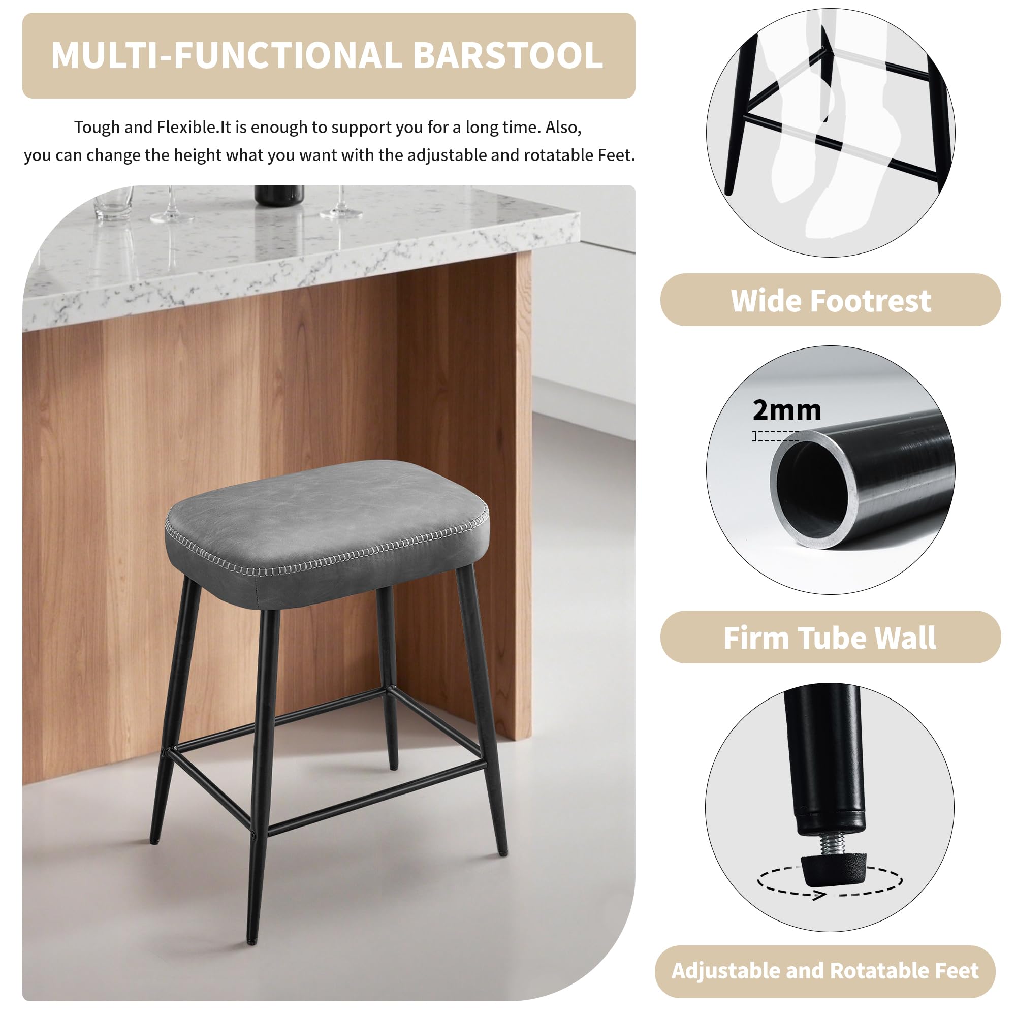 Bar Stools Set of 2, Counter Height Bar Stools for Kitchen Island, 24 Inch Kitchen Bar Stools for Kitchen Counter, Modern Leather Bar Chairs with Footrest and Metal Base, Gray
