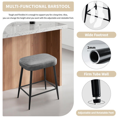 Bar Stools Set of 2, Counter Height Bar Stools for Kitchen Island, 24 Inch Kitchen Bar Stools for Kitchen Counter, Modern Leather Bar Chairs with Footrest and Metal Base, Gray