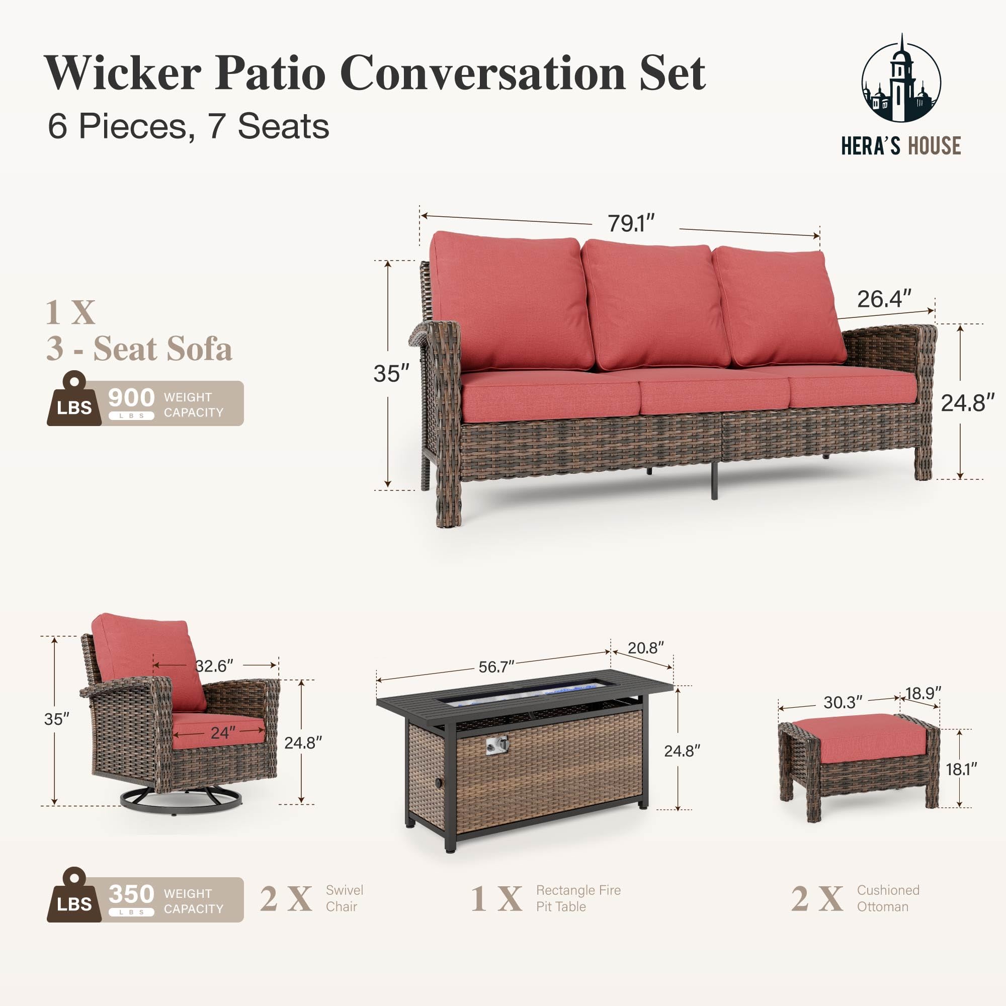 Red Patio Furniture Set, 6-Piece Outdoor Seating Conversation Sets with High Back Wicker Sofa, Swivel Chairs with 5.5" Thick Cushions, Fire Pit Table & Ottomans for Deck Yard Garden