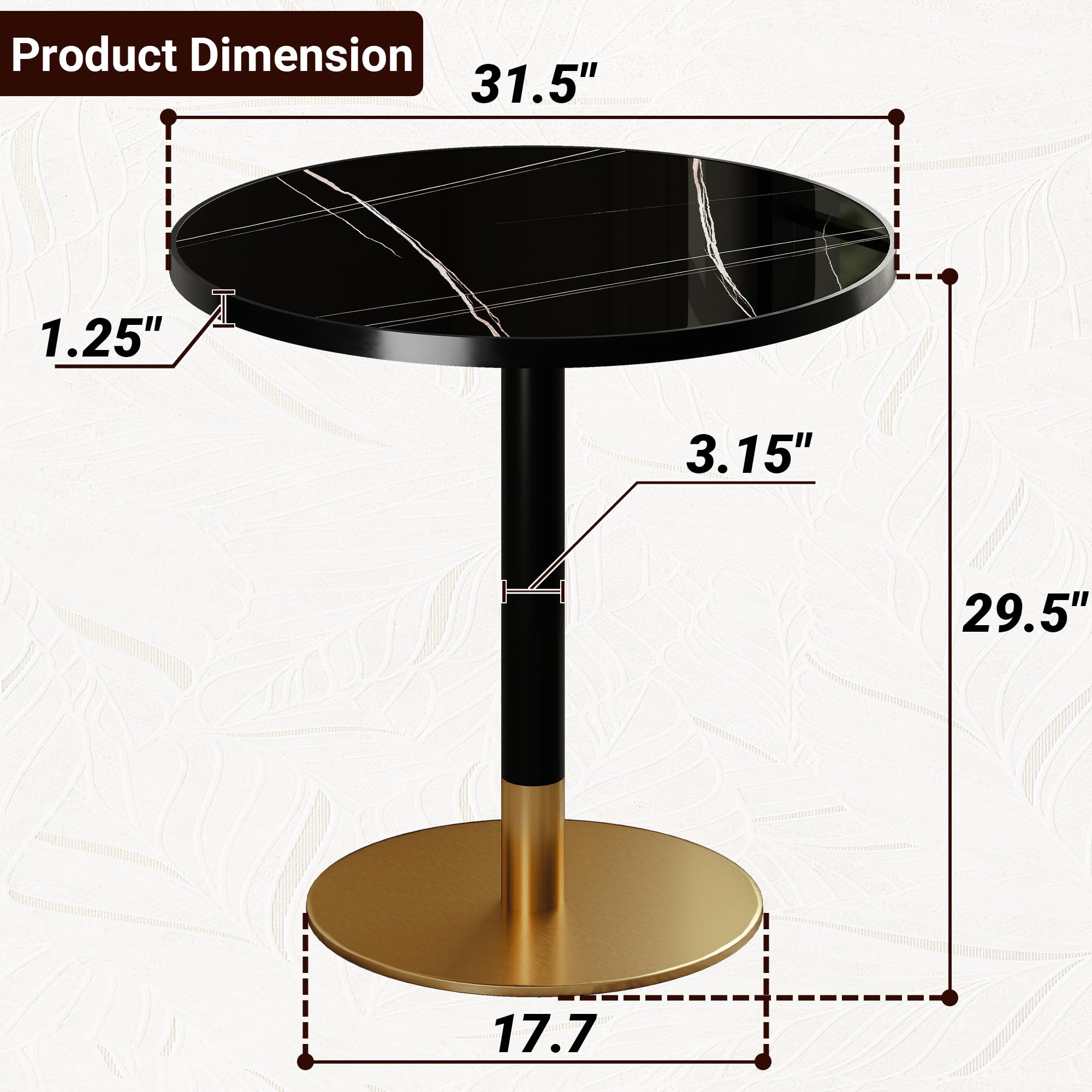 31.5" Tulip Table,Round Kitchen Dining Table for 2-4 with Thick Sintered Stone Top,Titanium Golden Pedestal Base,Heat-Resistant,Bistro Table for Dining Room,Café,Small Space（Gilded Chord）