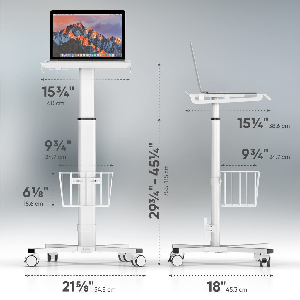 Mobile Laptop Cart on Wheels, Load up to 17.6 lbs, Standing Rolling Desk Adjustable Height, Portable Workstation for Laptop/Small Computer Cart for Couch, Home, Office White