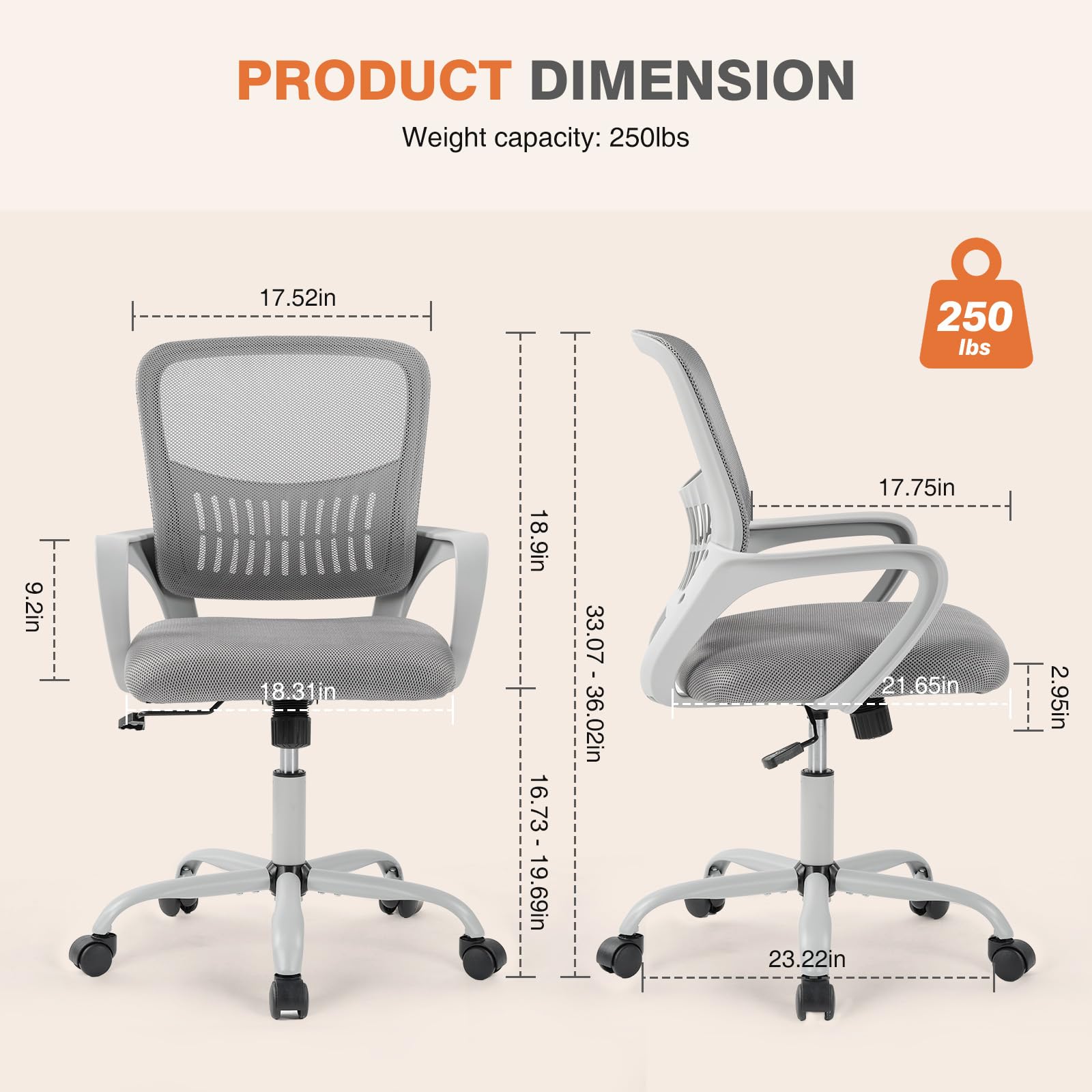 Home Office Managerial Executive Chair, Ergonomic Mesh Adjustable Swivel Mid-Back Computer Desk Chair with Comfortable Lumbar Support, Comfy Arms for Bedroom,Study