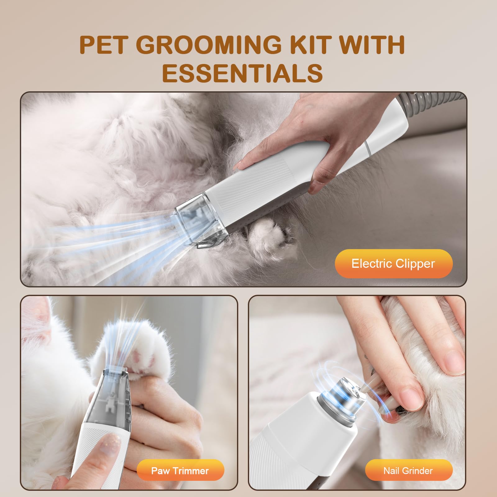 Dog Grooming Vacuum, Dog Grooming Kit with Pet Clipper Nail Grinder, 6 Pet Grooming Tools (Mushroom)
