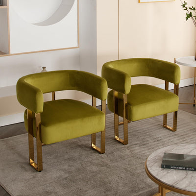 Modern Barrel Accent Chair, Velvet Fabric Living Room Chair with Gold Metal Legs, Comfy Upholstered Single Sofa Armchair Side Chair for Lounge/Bedroom/Reading, Olive