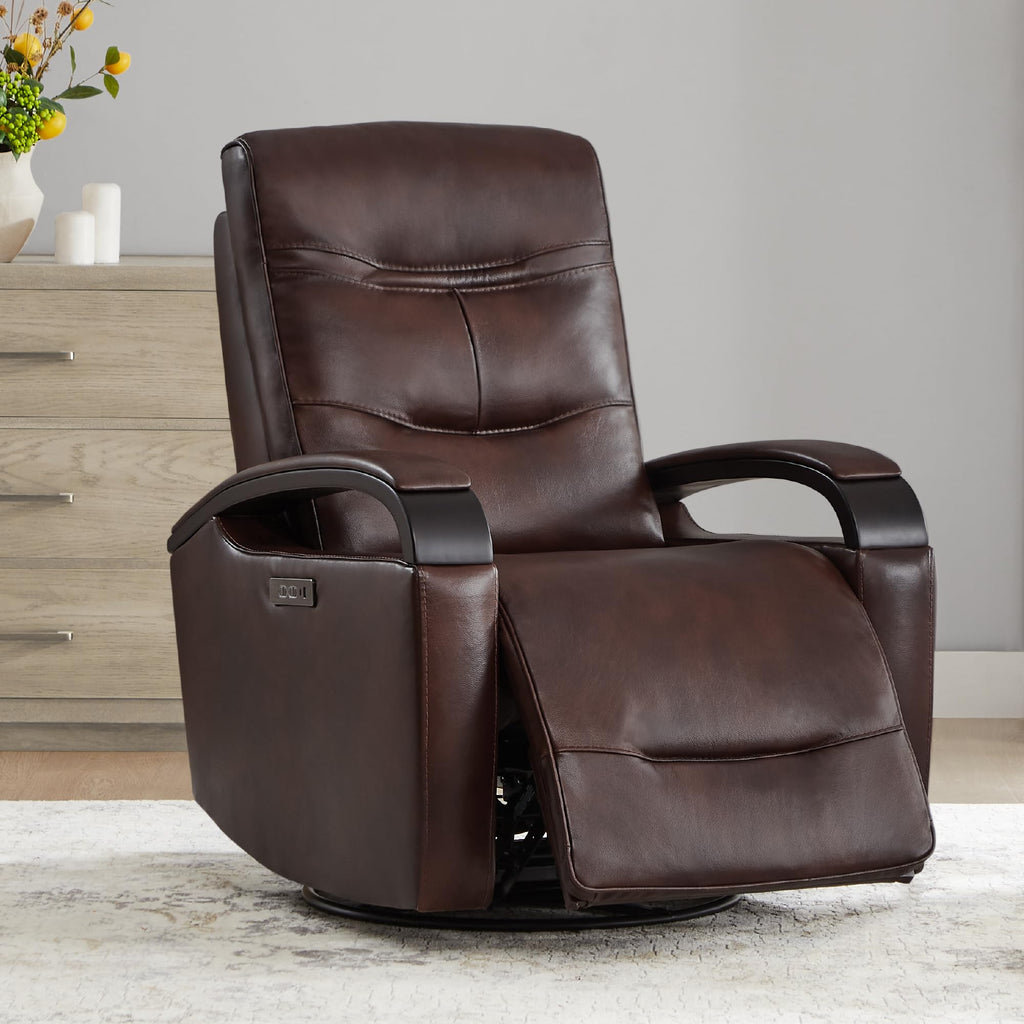 Genuine Leather Power Swivel Glider Rocker Recliner, FSC Certified Mid Century Modern Recliner Chair for Adults, Adjustable Power Headrest, for Nursery and Living Room, Cognac Brown