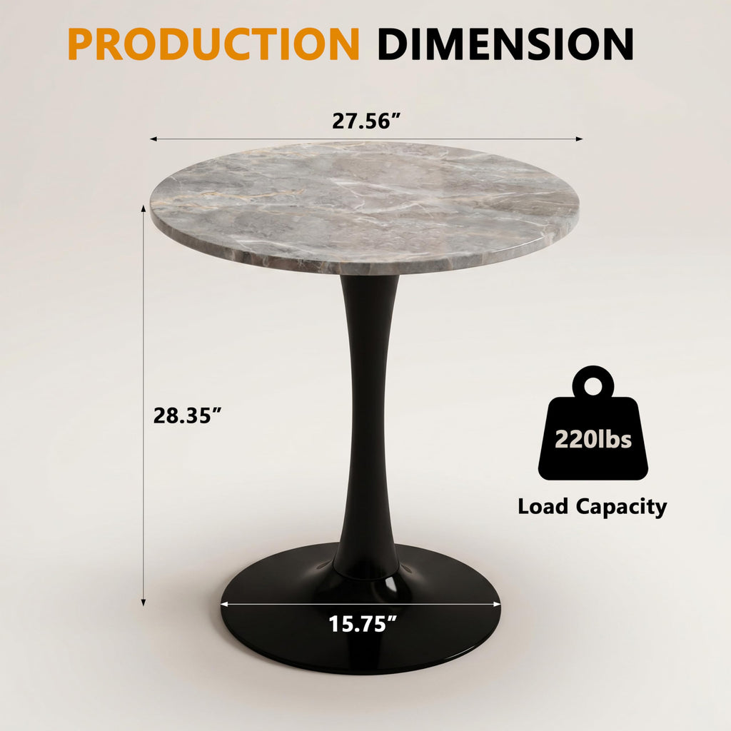 27.6" Marble Round Tulip Table, Mid-Century Modern Style Dining Table with Black Pedestal Base for 2-4 People, Featuring A Marble Tabletop for Kitchen, Dining Room, Cafe (Dark Grey)