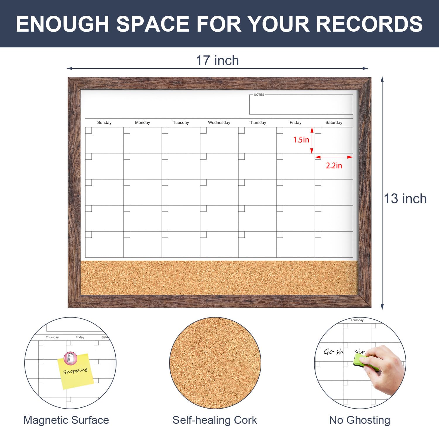 Calendar Whiteboard for Wall, 17x13 Inches White Board Calendar Dry Erase, Small Magnetic White Board with Wood Frame, Hanging Dry Erase Board for Kitchen Home Office School Planner