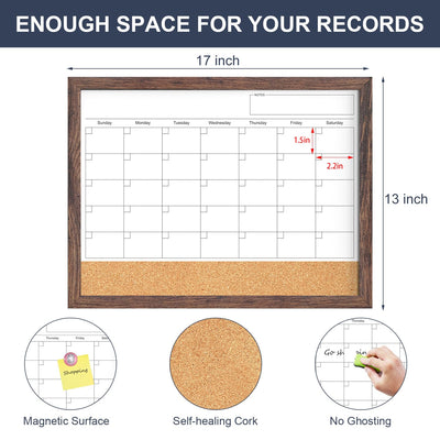 Calendar Whiteboard for Wall, 17x13 Inches White Board Calendar Dry Erase, Small Magnetic White Board with Wood Frame, Hanging Dry Erase Board for Kitchen Home Office School Planner