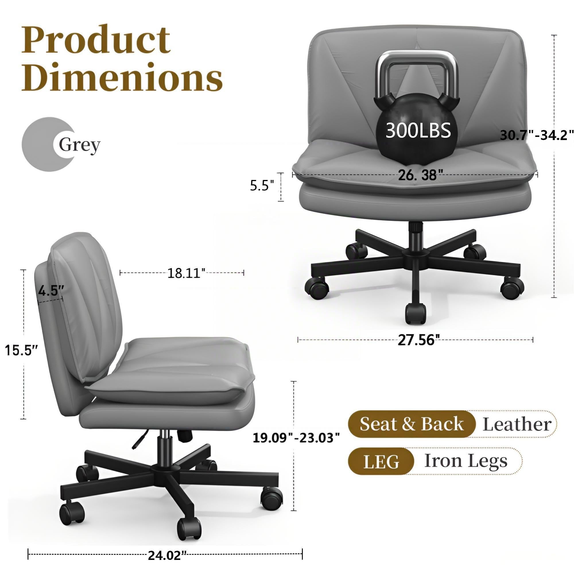 Ergonomic Office Chair, Comfy Criss Cross Chair with Wheels and 2 Layer Cushion, Wide Swivel Chair for Bedroom, Home Office, Makp-up Room, PU Leather, Grey