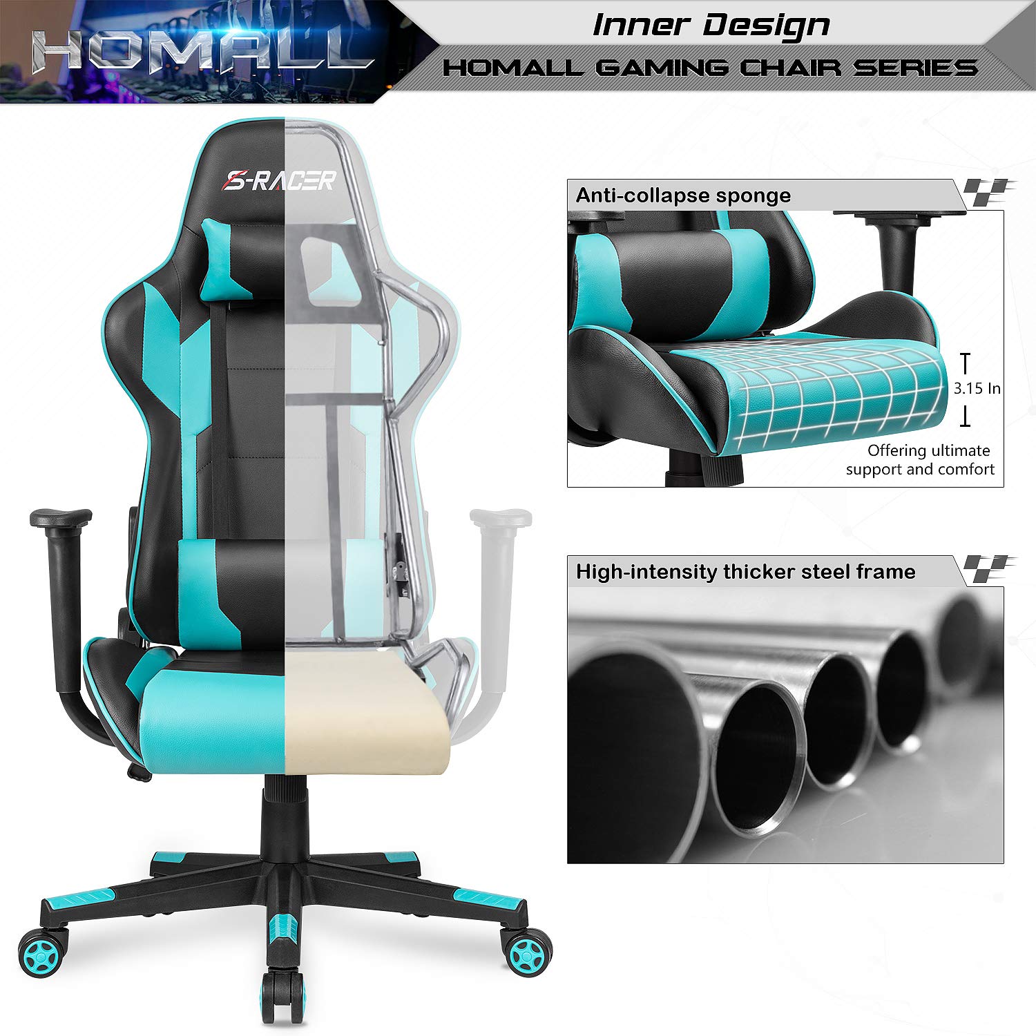 Gaming Chair, Office Chair High Back Computer Chair Leather Desk Chair Racing Executive Ergonomic Adjustable Swivel Task Chair with Headrest and Lumbar Support(Cyan)