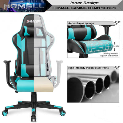 Gaming Chair, Office Chair High Back Computer Chair Leather Desk Chair Racing Executive Ergonomic Adjustable Swivel Task Chair with Headrest and Lumbar Support(Cyan)