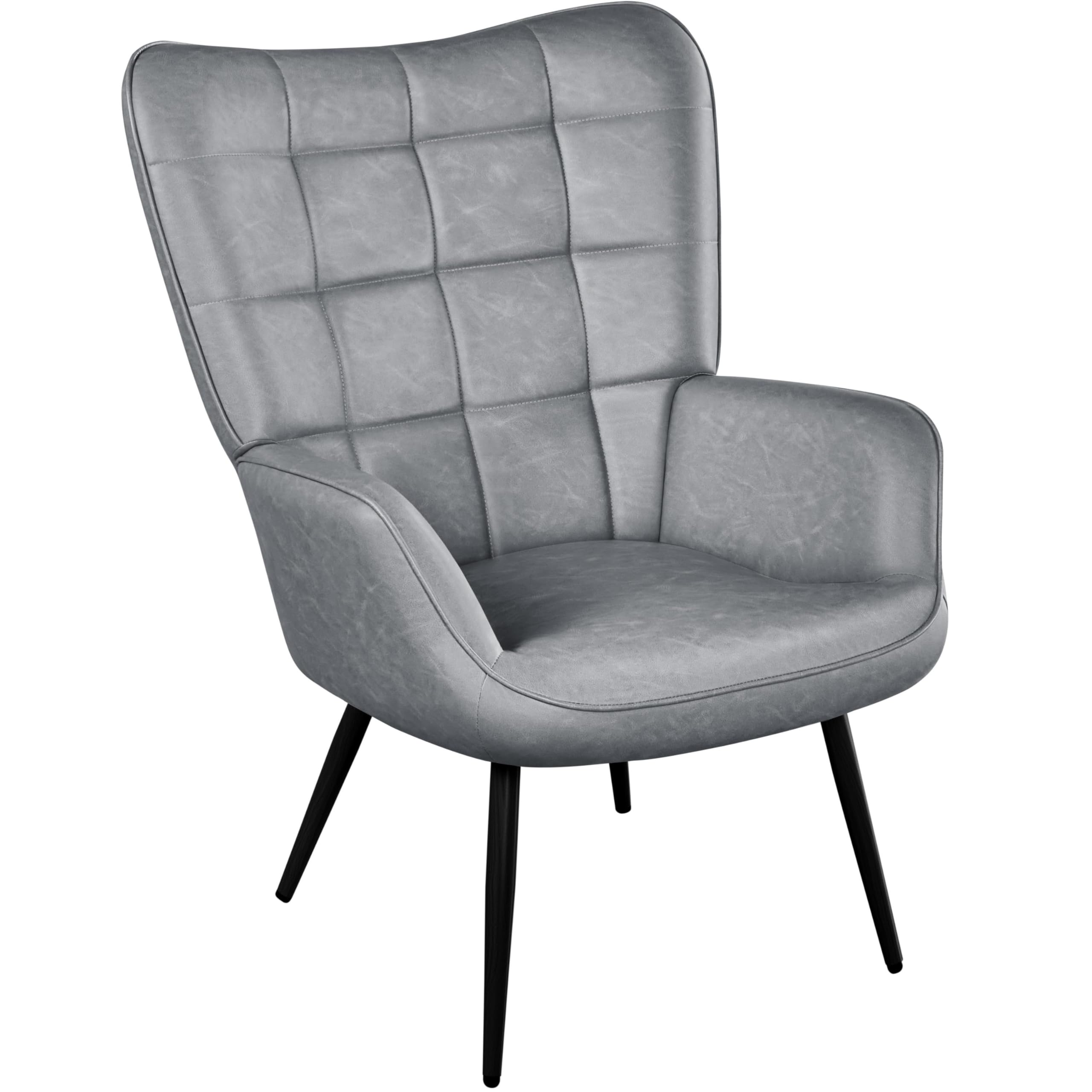 Accent Chairs, Large PU Leather High-Back Chair w/Metal Legs, Pottery Barn Style Living Room Chairs for Bedroom/Home Office, Gray