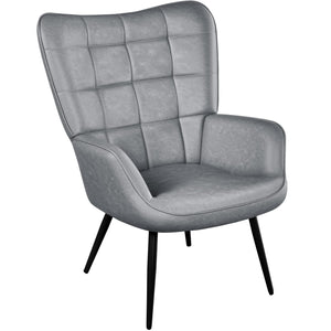 Accent Chairs, Large PU Leather High-Back Chair w/Metal Legs, Pottery Barn Style Living Room Chairs for Bedroom/Home Office, Gray