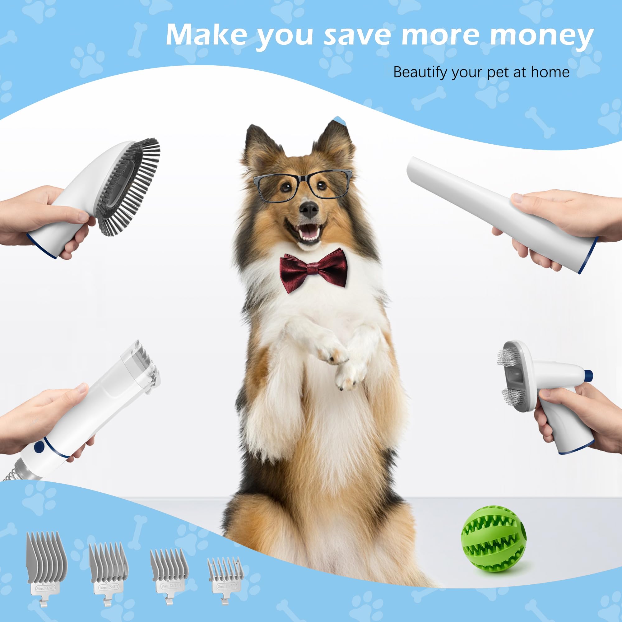 Dog Grooming Vacuum, Pet Grooming Vacuum Kit 2.3L Suction 99% Pet Hair with 5 Tools for Dog Cat for Shedding Grooming, Low Noise (Blue & White)