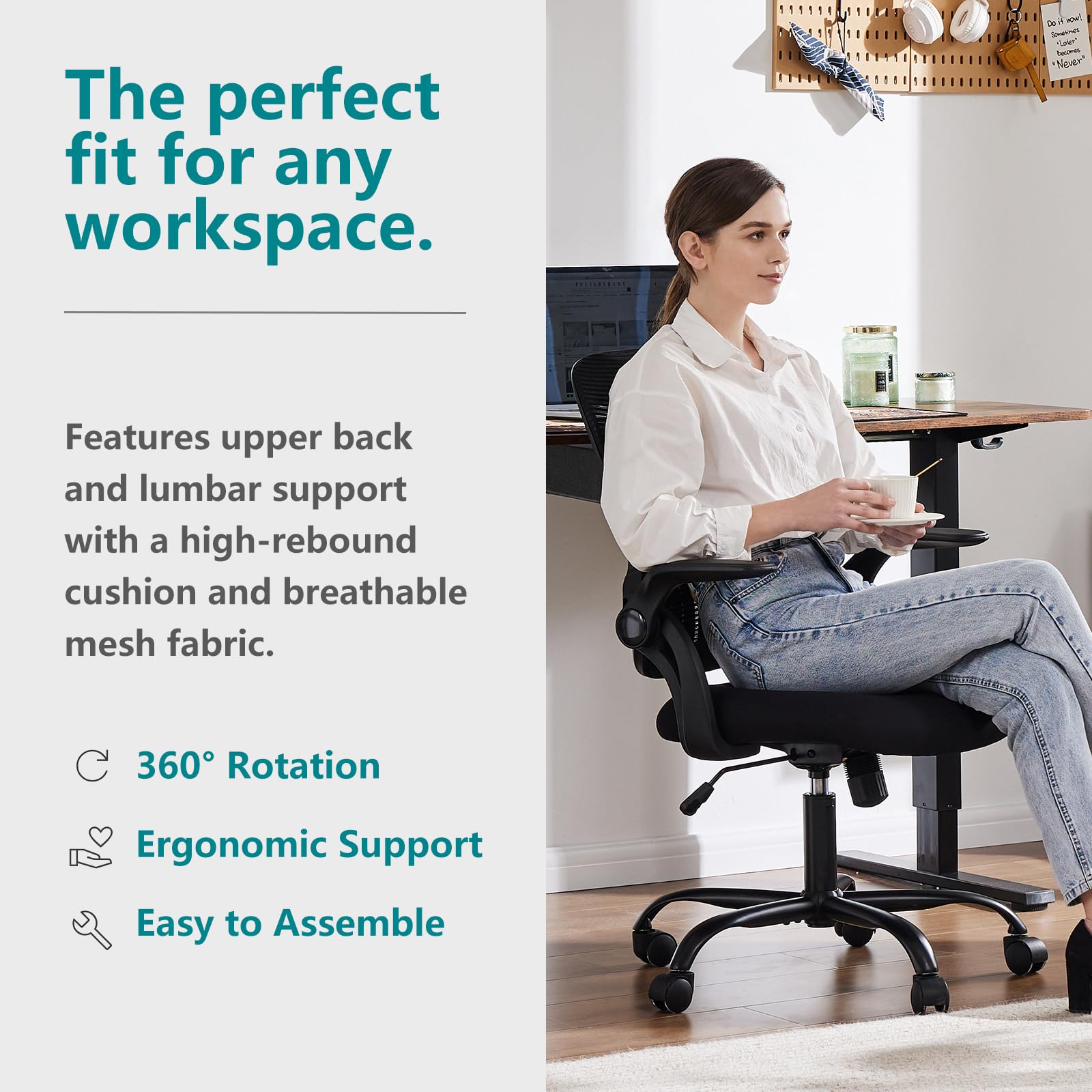 Home Office Managerial Executive Chair, Ergonomic Mesh Adjustable Swivel Mid-Back Chair with Comfortable Lumbar Support, Comfy Arms for Bedroom,Study,Student