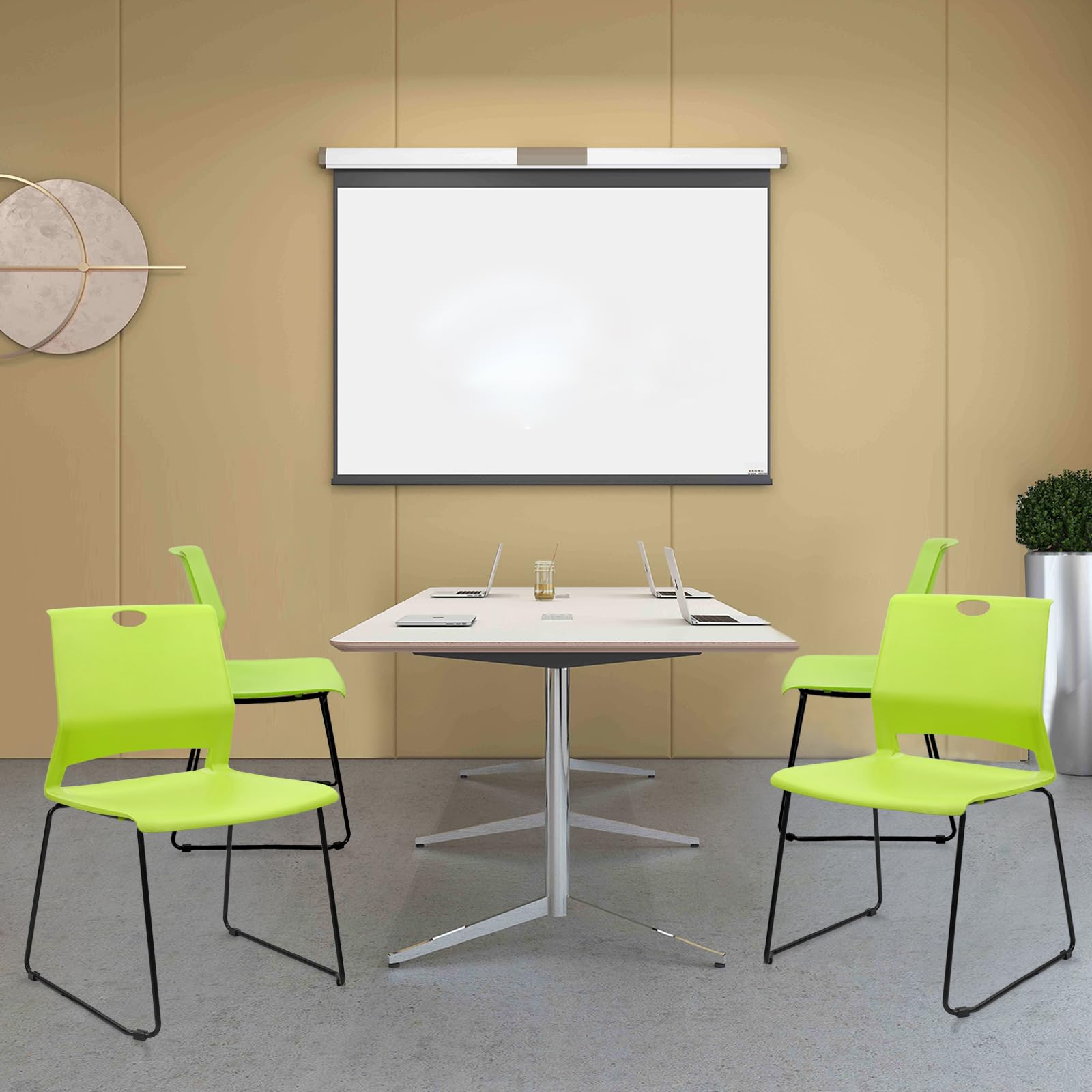 Set of 4, Green, Stackable Guest Reception Chairs, Stacking Office Chair with Ergonomic Lumbar Support & Metal Legs, Plastic Desk Chairs for Conference School Church Waiting Meeting Break Room