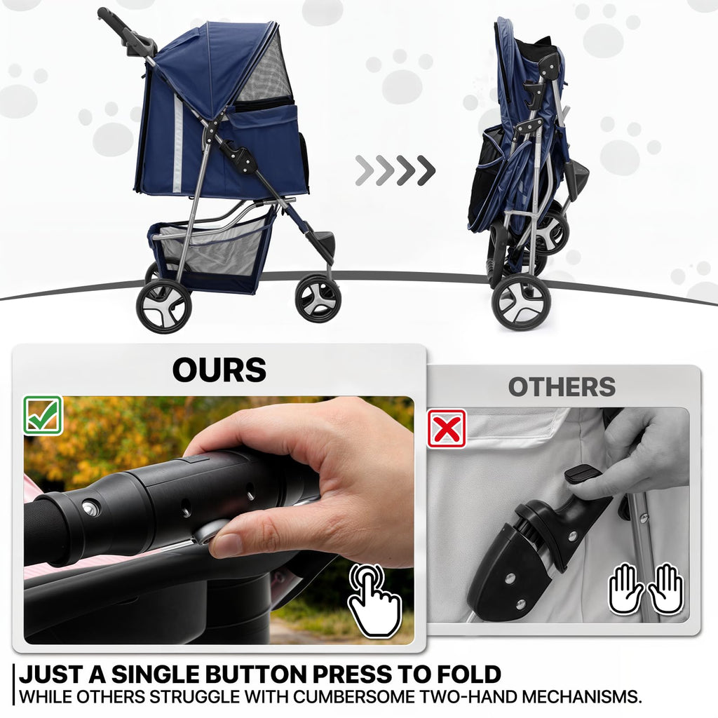 3 Wheels Pet Stroller, Foldable Dog Cat Cage Jogger Stroller with Weather Cover for All-Season, Storage Basket and Cup Holder, Breathable and Visible Mesh for Small/Medium Pets, Blue