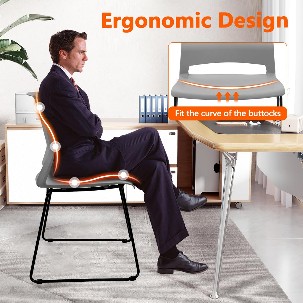 Set of 12, Gray, Stackable Guest Reception Chairs, Stacking Office Chair with Ergonomic Lumbar Support & Metal Legs, Plastic Desk Chairs for Conference School Church Waiting Meeting Break Room