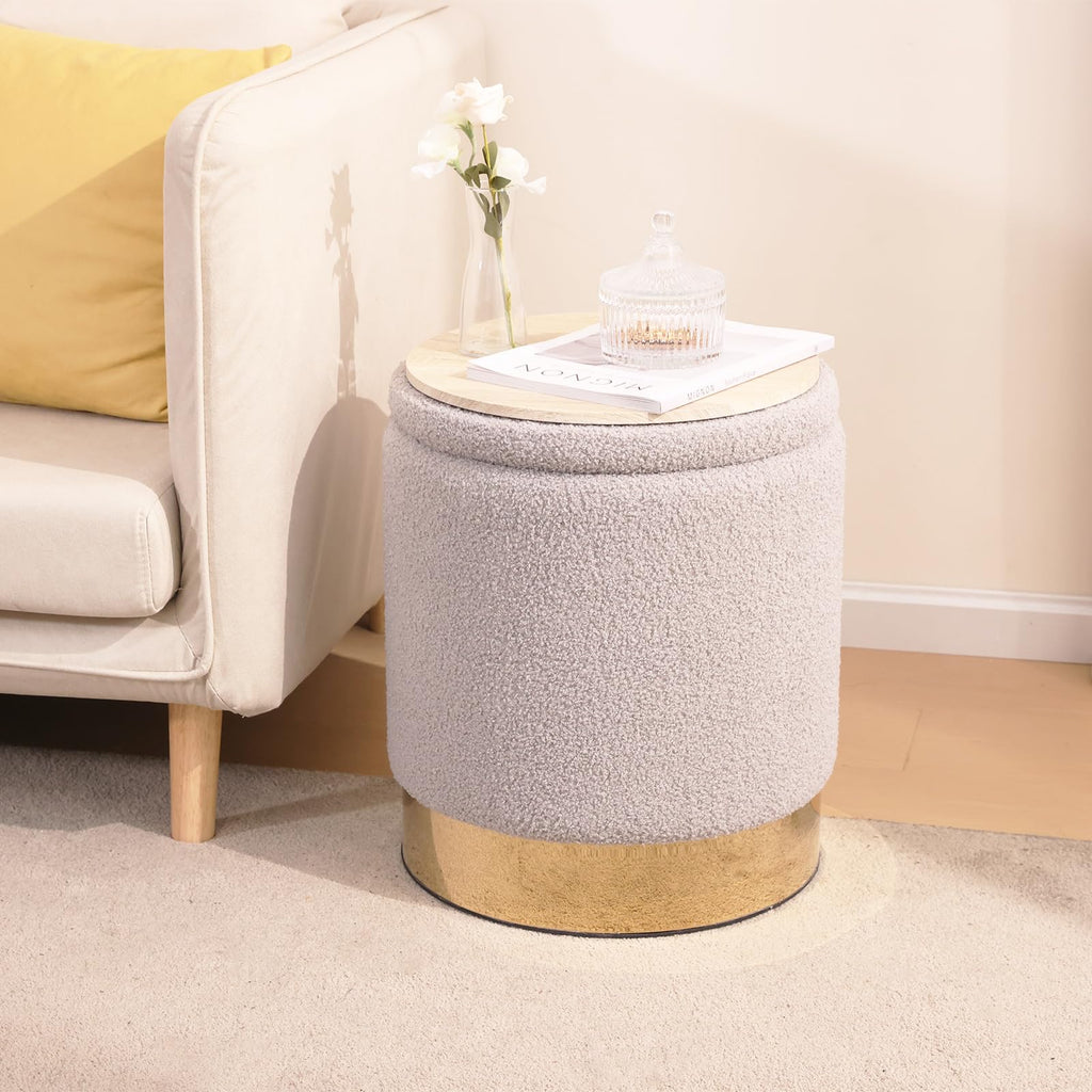 Sherpa Round Ottoman Set of 2 with Storage, 12 Gallon Hidden Storage Ottoman, Multi-Functional Footrest Stool, Vanity Seat, Coffee Table, No Assembly Required, Holds 300lbs (Gray)