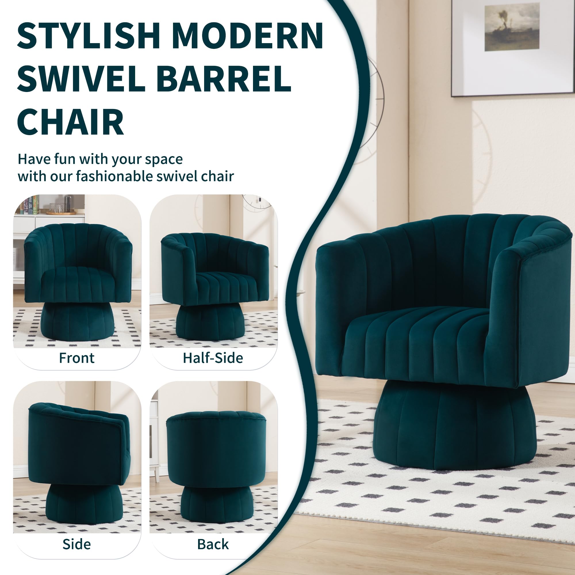 Swivel Accent Barrel Chair - Cute Comfy Small Round 360° Arm Chair Velvet Sofa Club Reading Chair for Living Room Bedroom Office Green
