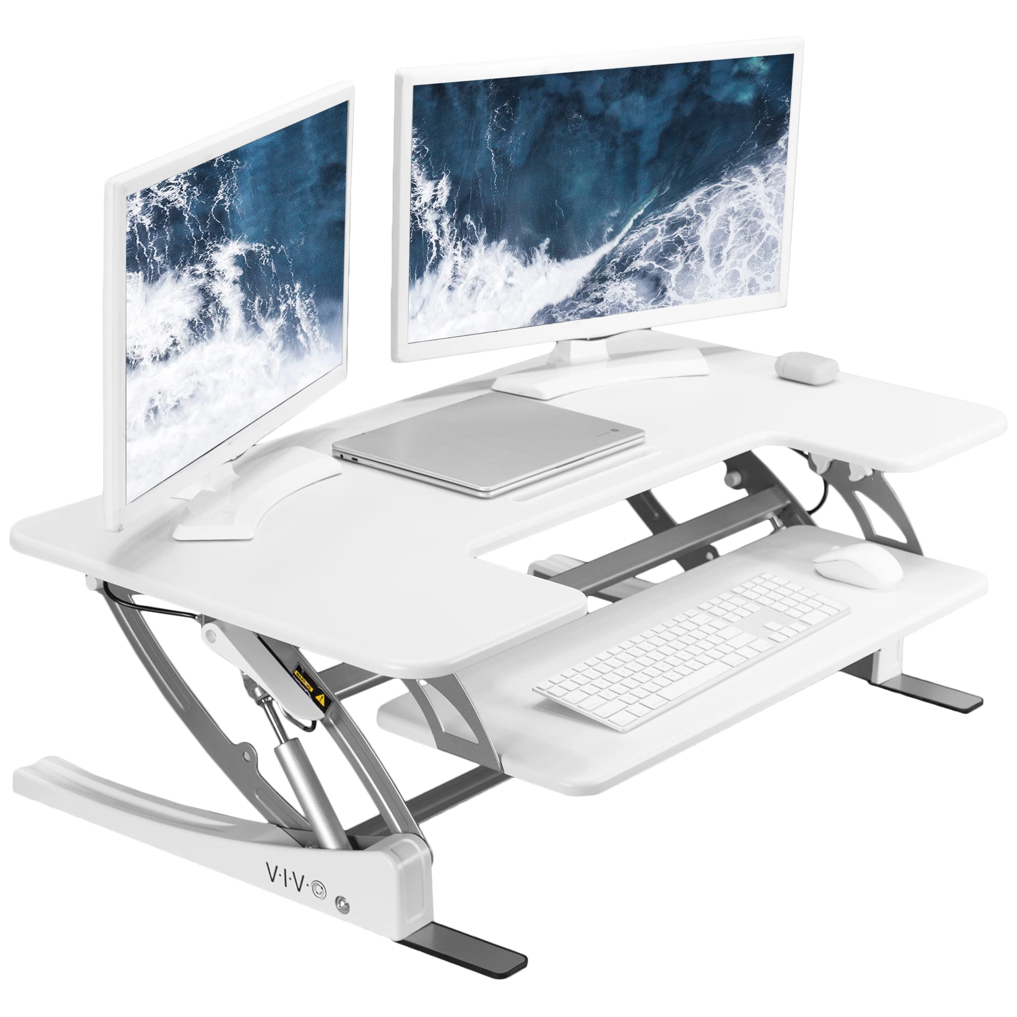 42 inch Height Adjustable Stand Up Desk Converter, V Series, Quick Sit to Stand Tabletop Dual Monitor Riser Workstation, White, DESK-V000VLW