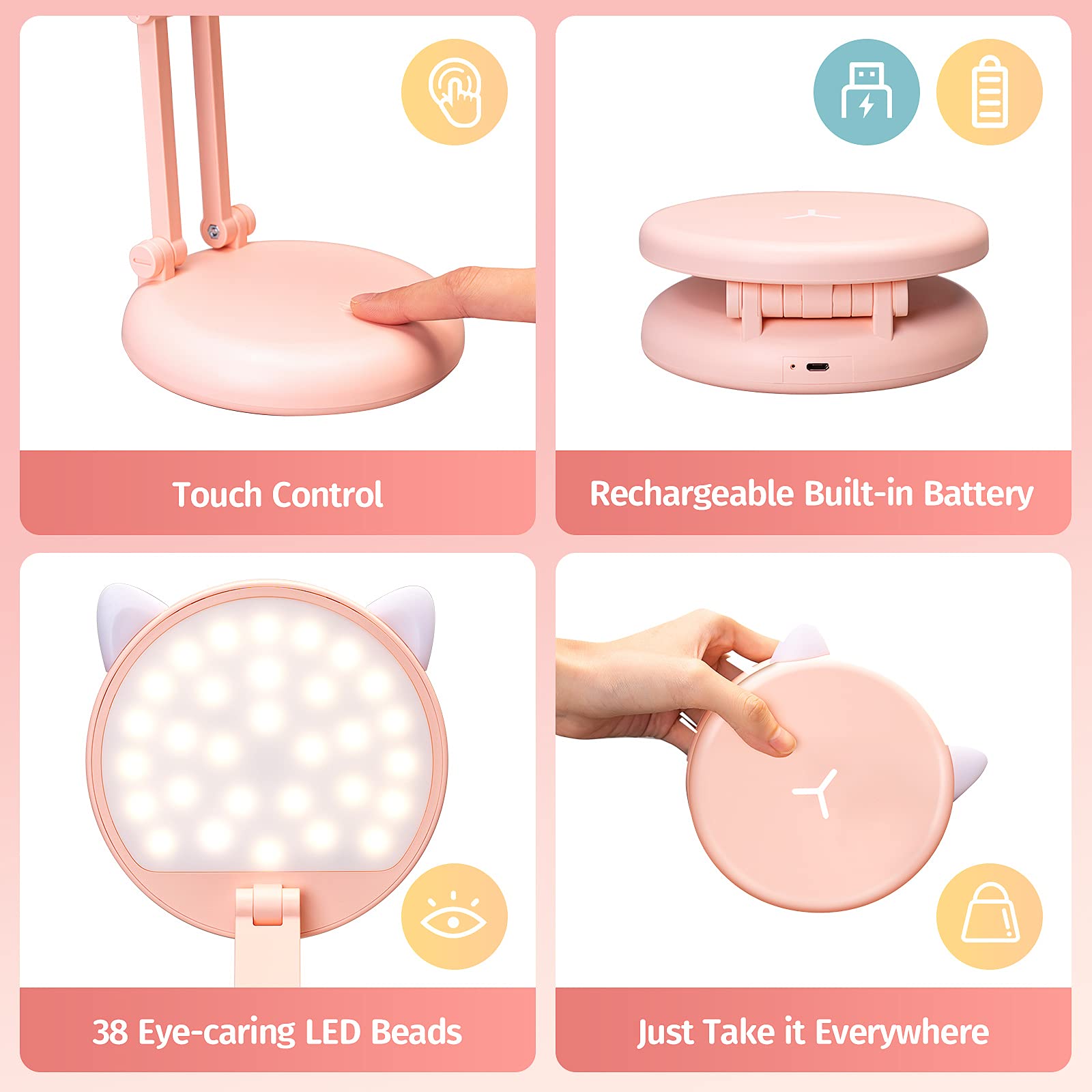 Cute Desk Lamp Pink Dorm Lamps for College Girls Foldable Portable Rechargeable Dimmable Cute Cat Lamp Kawaii Room Decor,College Dorm Decor for Girls Pink Classroom Essentials