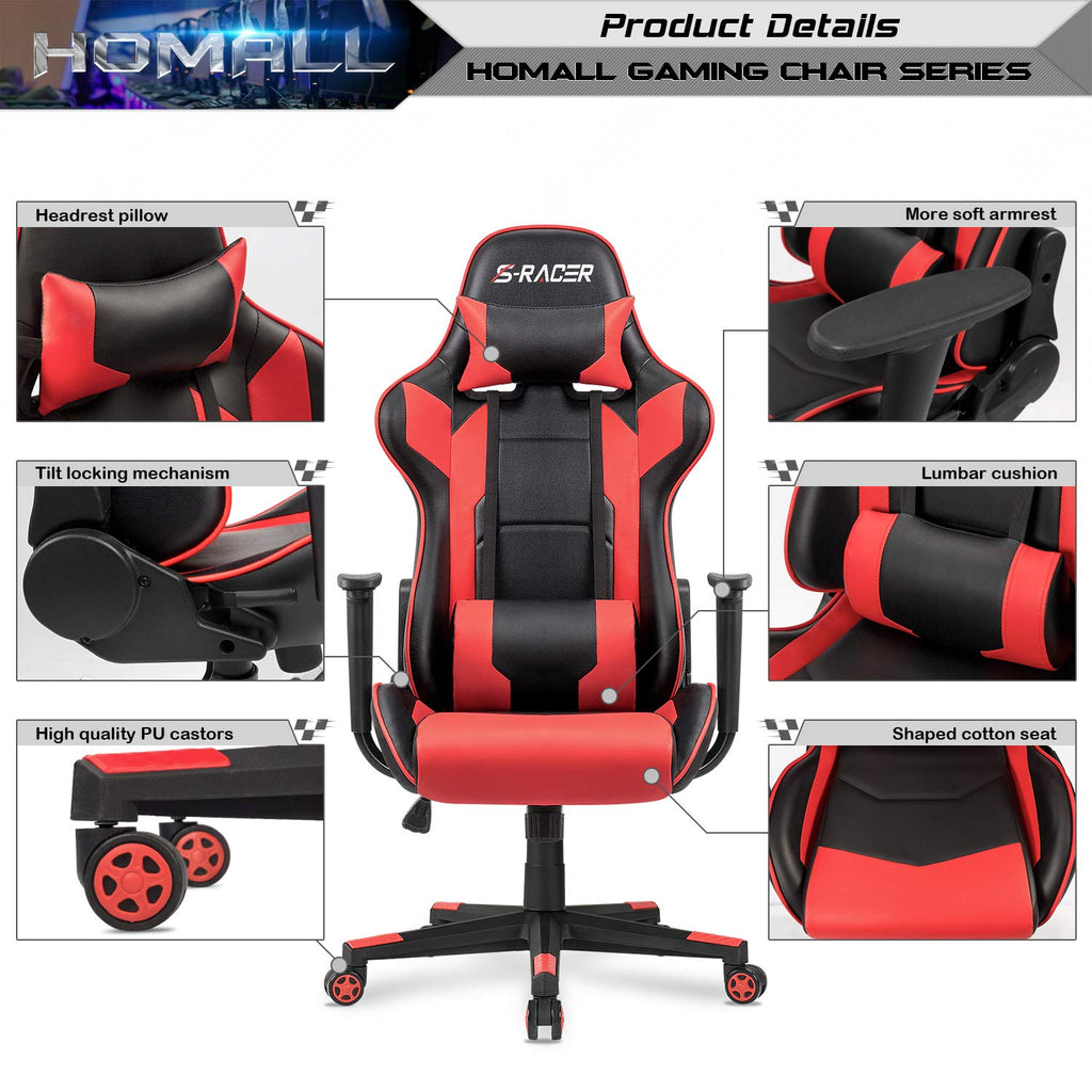 Gaming Chair, Office Chair High Back Computer Chair Leather Desk Chair Racing Executive Ergonomic Adjustable Swivel Task Chair with Headrest and Lumbar Support (Red)