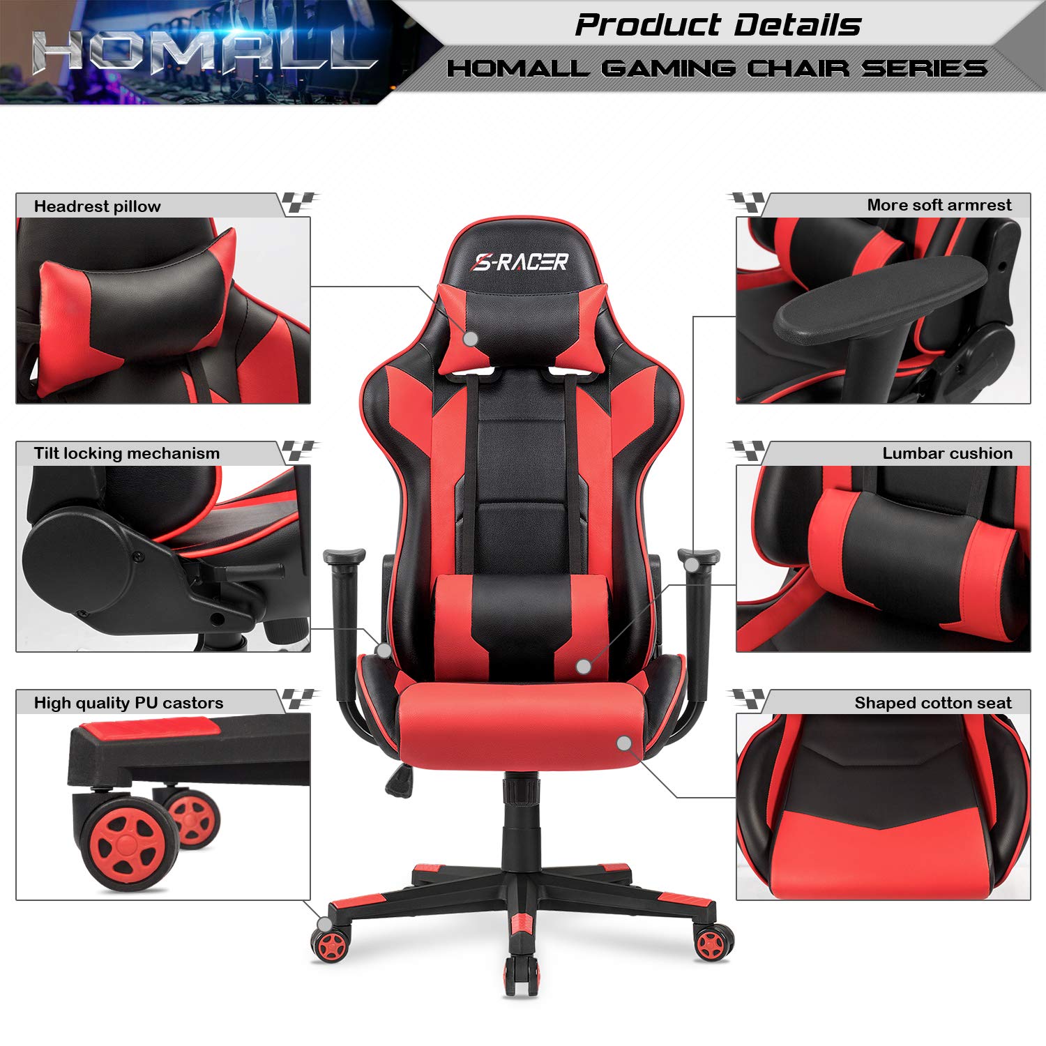 Gaming Chair, Office Chair High Back Computer Chair Leather Desk Chair Racing Executive Ergonomic Adjustable Swivel Task Chair with Headrest and Lumbar Support (Red)
