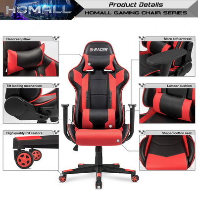 Gaming Chair, Office Chair High Back Computer Chair Leather Desk Chair Racing Executive Ergonomic Adjustable Swivel Task Chair with Headrest and Lumbar Support (Red)