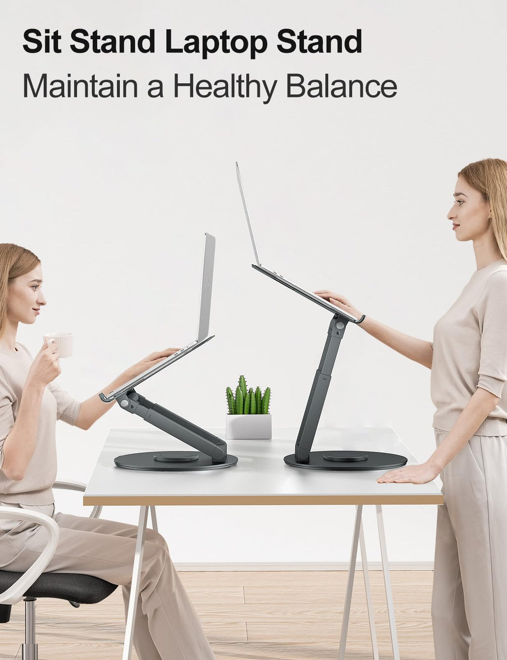 Laptop Stand for Desk with 360° Swivel Base, Sit to Stand, Height Adjustable, Portable Riser Holder for Good Posture, Compatible with MacBook Pro, All Laptops 10-17"-Gray