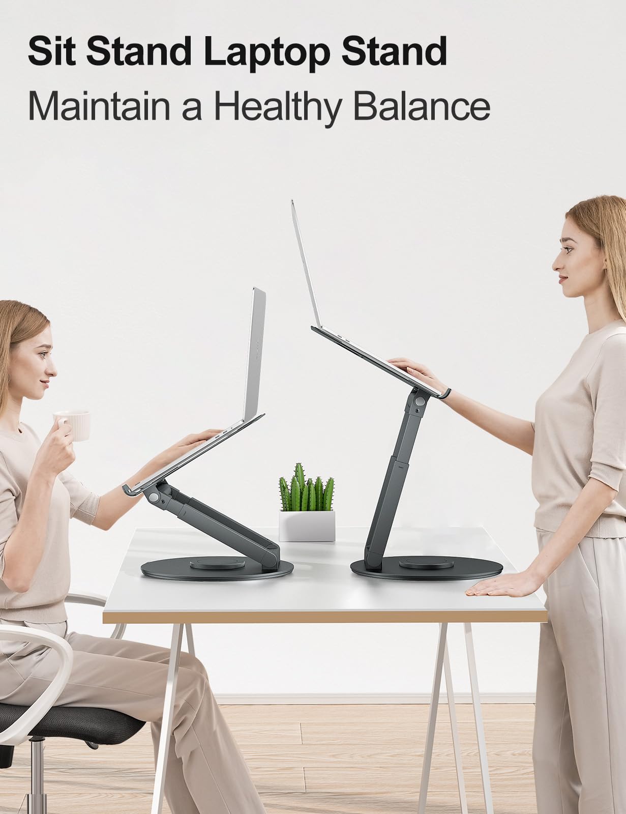 Laptop Stand for Desk with 360° Swivel Base, Sit to Stand, Height Adjustable, Portable Riser Holder for Good Posture, Compatible with MacBook Pro, All Laptops 10-17"-Gray