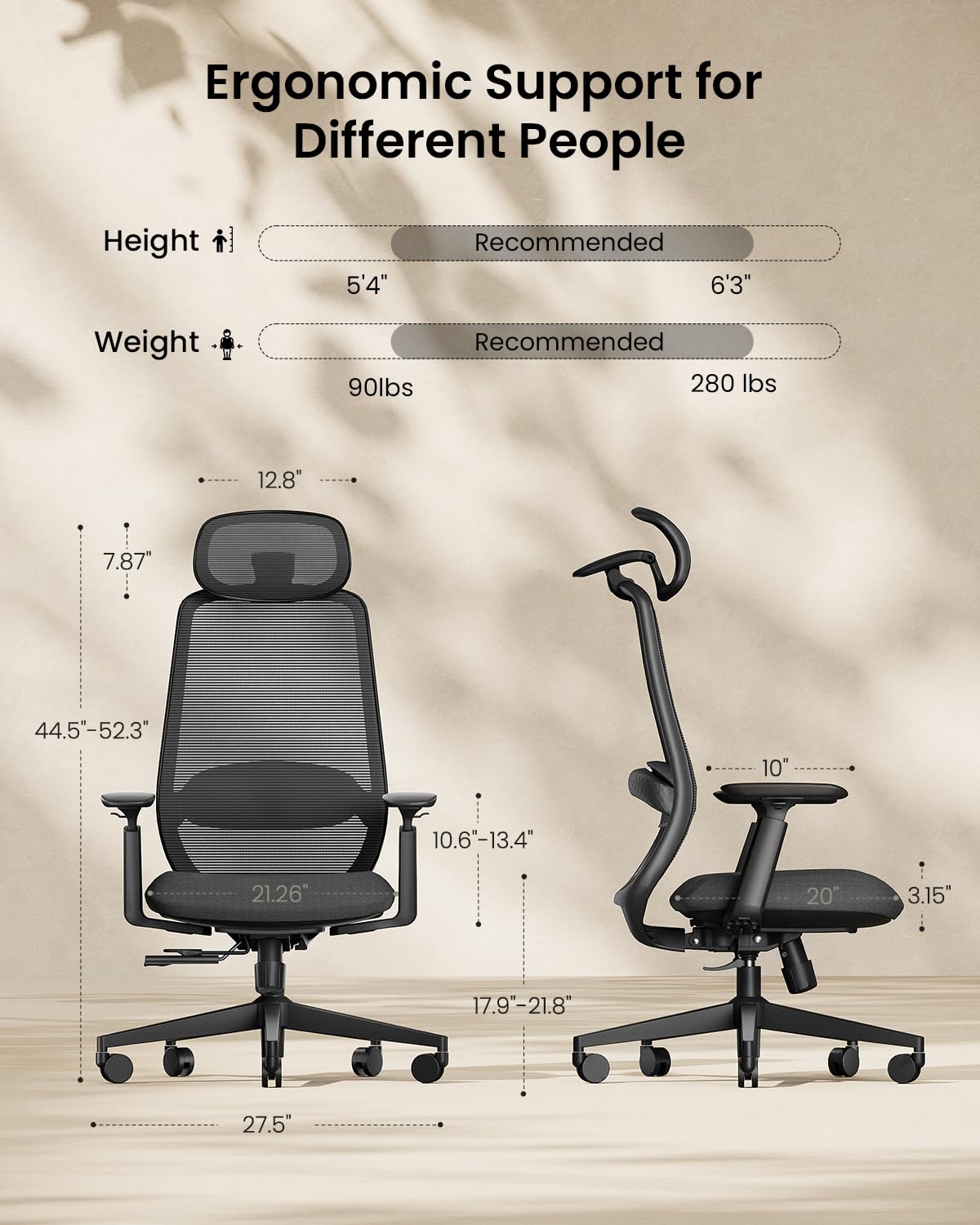 Ergonomic Office Chair – EC200 High-Back Mesh Computer Chair with Lumbar Support, 3D Adjustable Headrest & Sliding Seat for 8+ Hour Comfort, Big & Tall Home Office Desk Chairs - Black