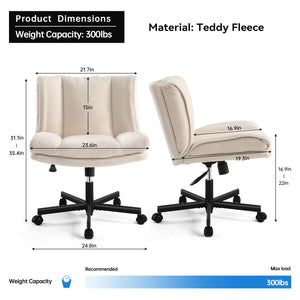 Criss Cross Chair with Wheels, Armless Makeup Chair with Wide Furry Seat, Height-Adjustable Vanity Chair, Convertible Between Fixed & Swivel Casters Office Chair Cross-Legged Chair - Cream