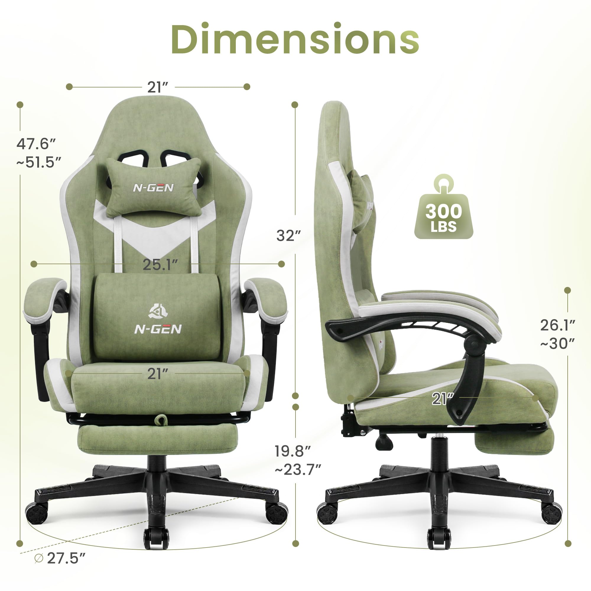 Video Gaming Chair with Footrest Lumbar Support for Home Office High Back Recliner Height Adjustable Ergonomic Comfy Fabric Computer Desk Chair (Green)