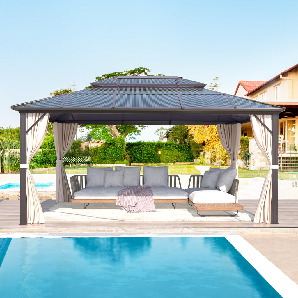 12'x16' Gazebo Polycarbonate Double Roof Pavilion Gazebo Outdoor Aluminum Frame Canopy with Netting and Curtains for Garden Patio Lawns Parties