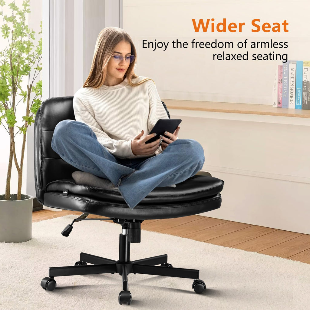Criss Cross Chair with Wheels Armless Cross Legged Office Chair Wide Home Office Desk Chair Swivel Comfy Vanity Desk Chair Height Adjustable Mid Back Wide Seat Computer Task Chair