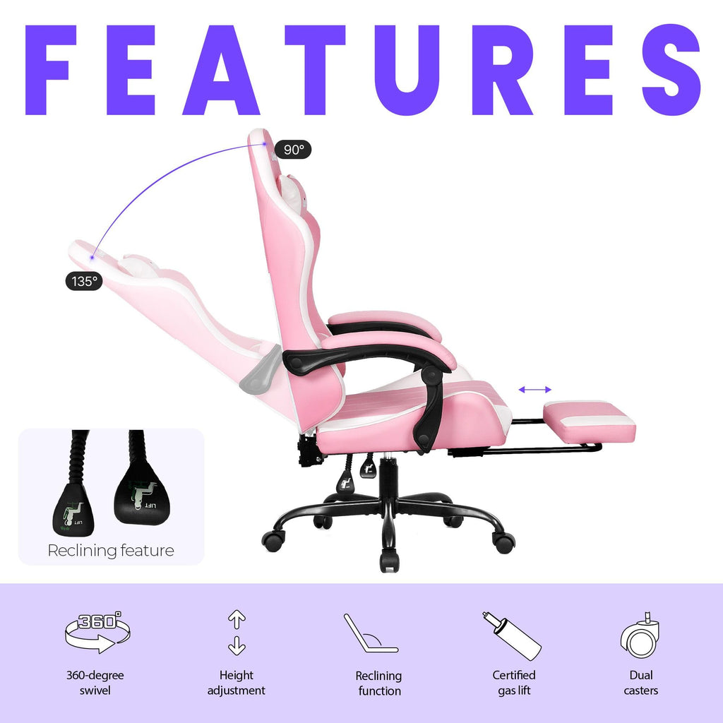 Video Gaming Chair with Footrest Lumbar Support for Home Office High Back Recliner Height Adjustable Ergonomic Comfy Leather Computer Desk Chair (Pink)