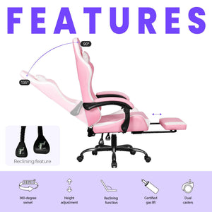 Video Gaming Chair with Footrest Lumbar Support for Home Office High Back Recliner Height Adjustable Ergonomic Comfy Leather Computer Desk Chair (Pink)