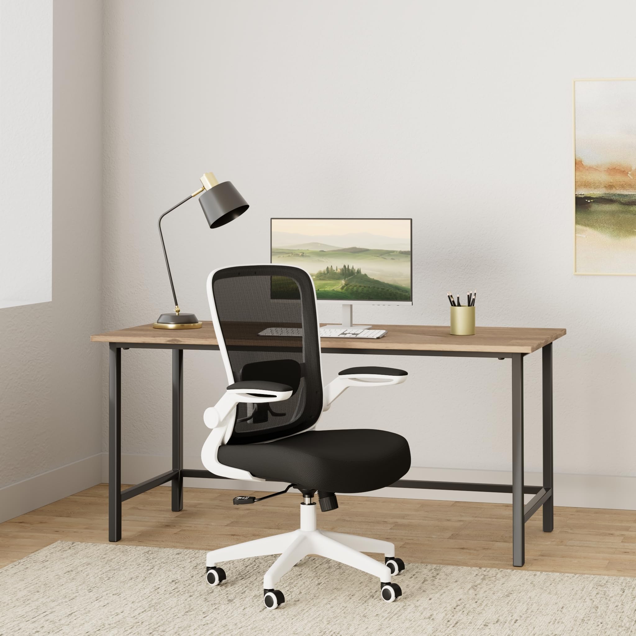 Office Chair, Ergonomic Desk Chair Breathable Mesh Chairs Adjustable High Back Lumbar Support Flip-up Armrests, Executive Rolling Swivel Comfy Computer Chairs Home Office White