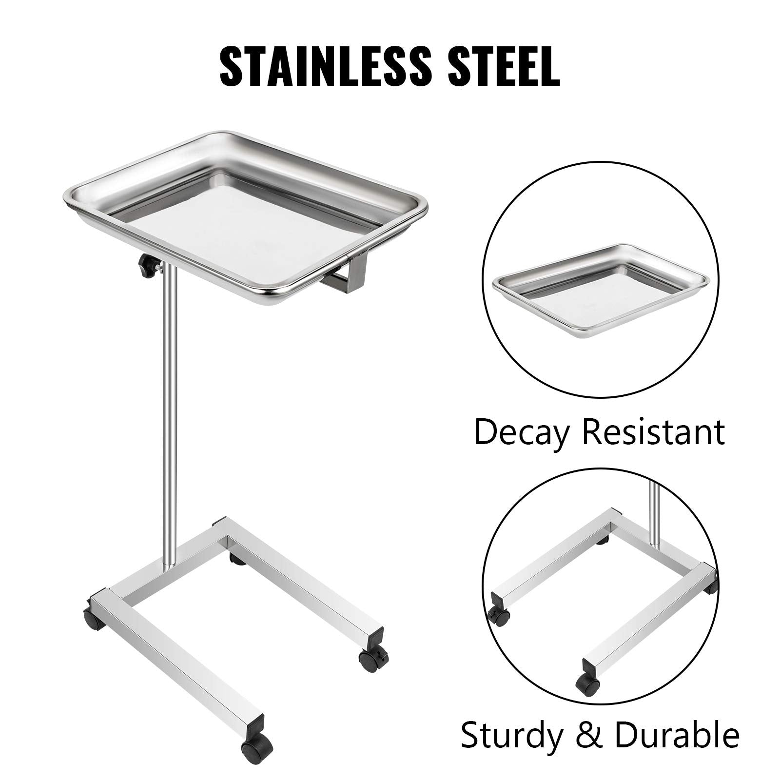 Lab Cart, Stainless Steel Mayo Tray Stand 18 x 14 in Trolley Mayo Stand, Adjustable Height 32-51 in Instrument Tray with Removable Tray & 4 Omnidirectional Wheels, Ideal for Home Equipment