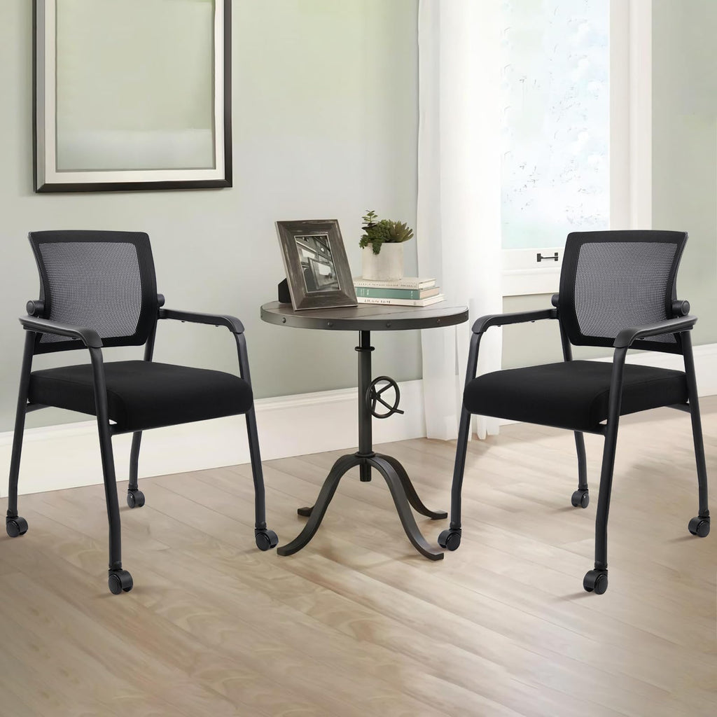 Waiting Room Chairs with Wheels, Adjustable Mesh Backrest, Desk Chair with Ergonomic Lumbar Support and Thickened Seats Cushion, 2 Pack Black