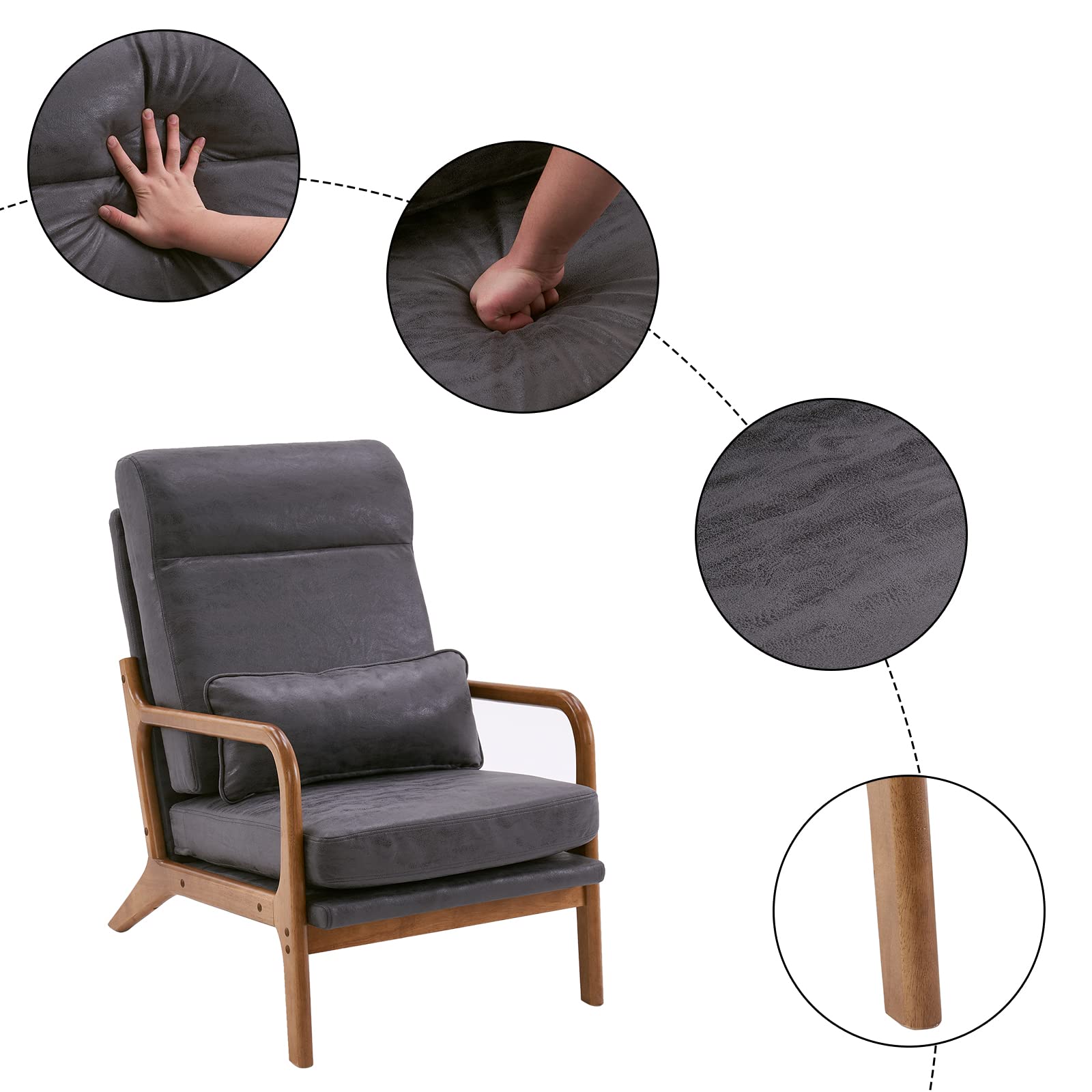 High Back Microfiber Dark Grey Accent Chairs Set of 2, Upholstered Mid Century Modern Lounge Chairs Reading Chairs Side Sitting Chair Farmhouse Armchairs for Living Room, Bedroom, Guest Room